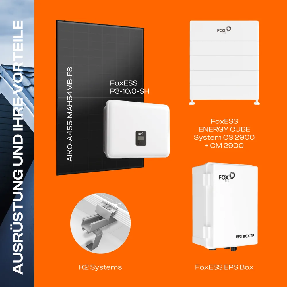 Ausrüstung und ihre Vorteile: AIKO-A455-MAH54Mb-F8 Modul, FoxESS Wechselrichter, FoxESS Energy Cube System CS 2900 und CM 2900, FoxESS EPS Box und K2 Systems Montagesystem