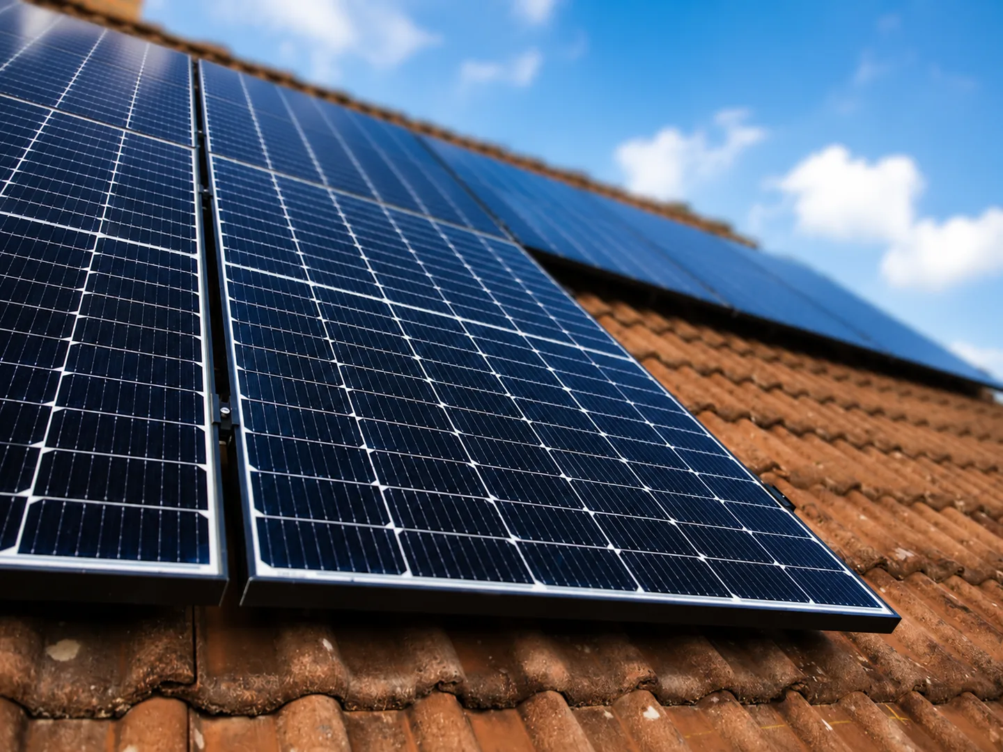 Nahaufnahme von Photovoltaikmodulen auf einem Ziegeldach in der Region Baden-Baden